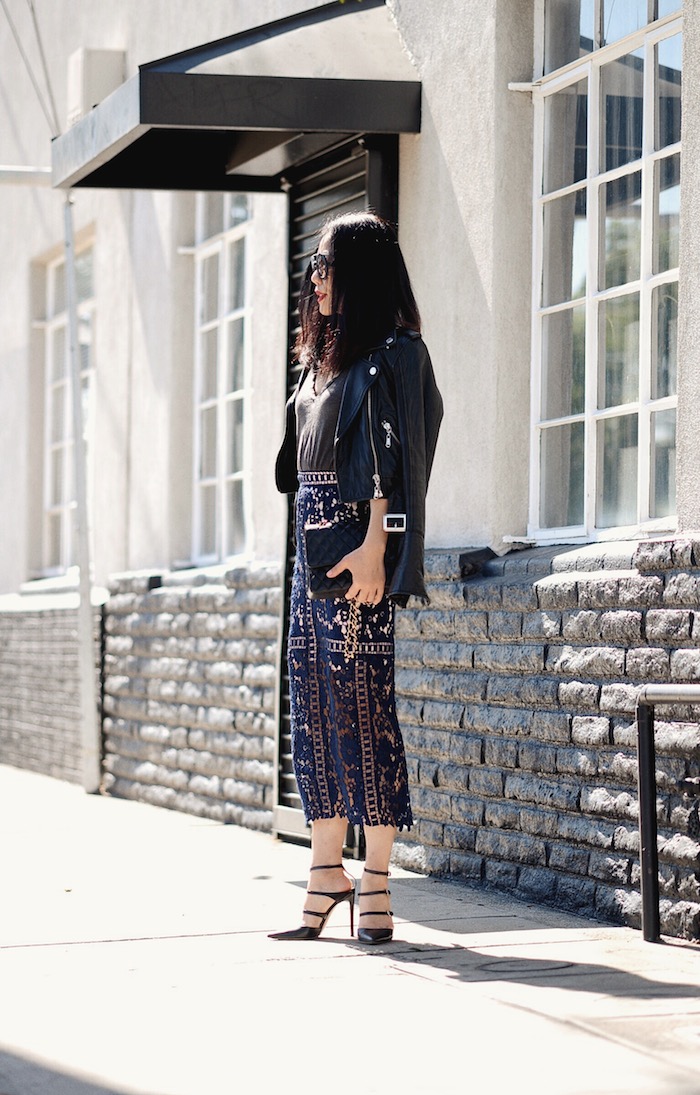 Spring Style, Leather Jacket, Lace Pencil Skirt, Prada Oversized Sunglasses, Strappy Heels, via: HallieDaily