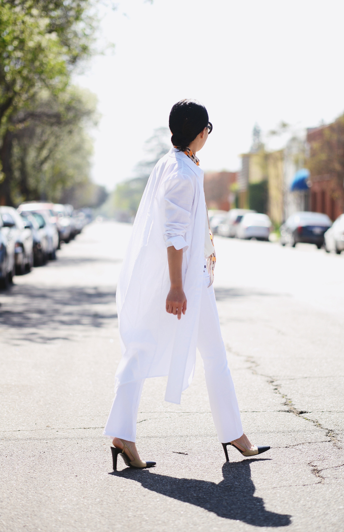 Summer Layers, White Maxi Shirt, White Straight Leg Jeans, Chanel Two-tone Pumps, Furla Mini Bag, Prada Oversized Sunglasses, via: HallieDaily