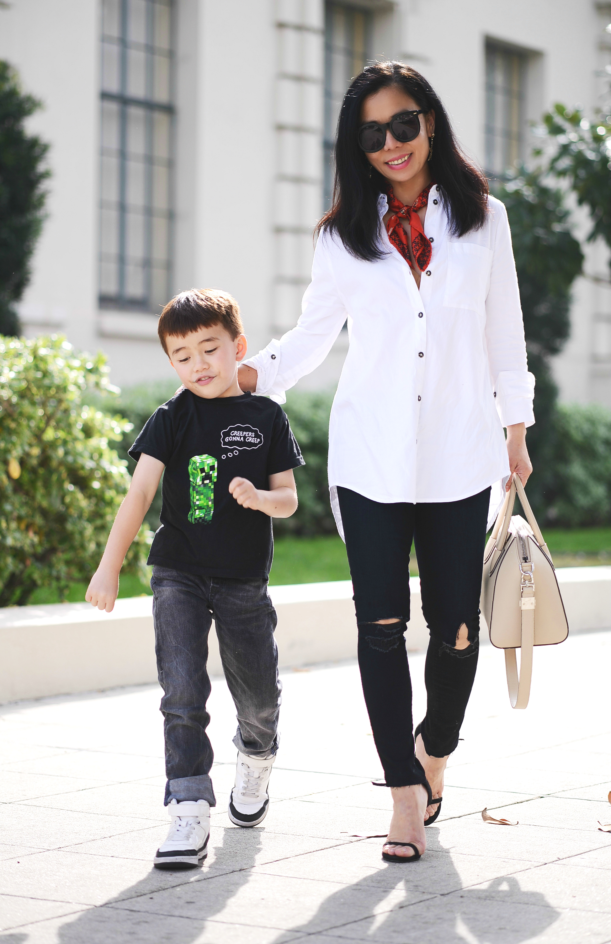 Family, Fun Day, Love, Mom & Son, White Button Down Shirt, Ripped Jeans, Givenchy Bag, Mom's Style, via: HallieDaily