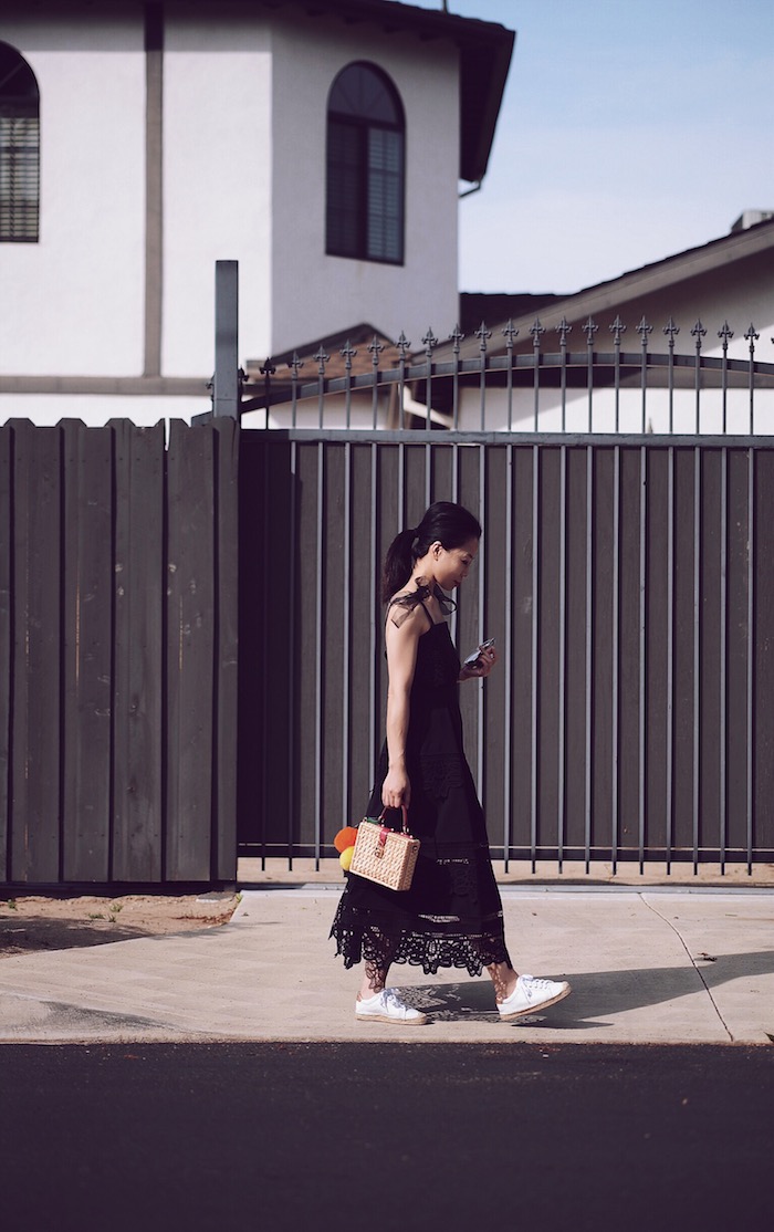 Self Portrait Bow Shoulder LBD, Sneakers, Dolce Gabbana Box Bag, Karen Walker Sunglasses, 2016, via: HallieDaily