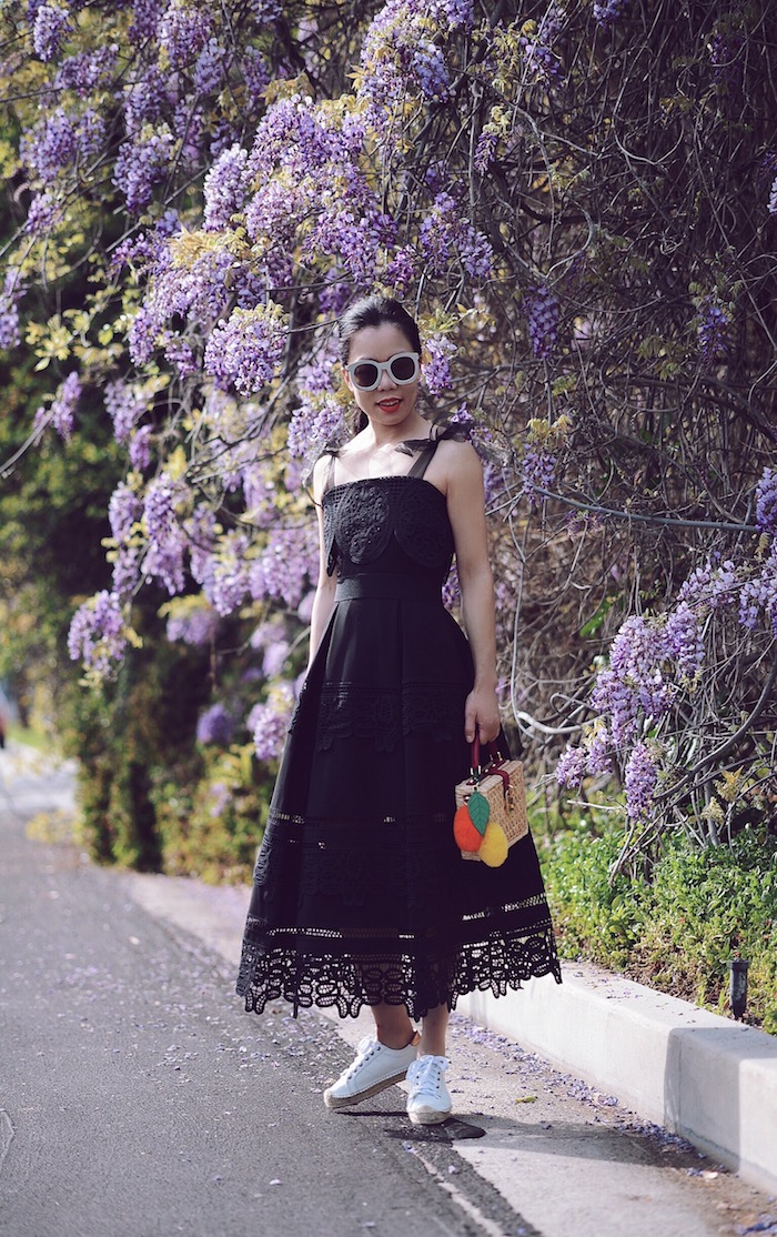 Self Portrait Bow Shoulder LBD, Sneakers, Dolce Gabbana Box Bag, Karen Walker Sunglasses, 2016, via: HallieDaily