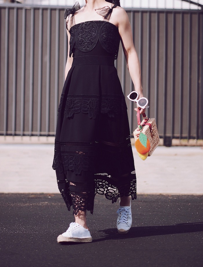 Self Portrait Bow Shoulder LBD, Sneakers, Dolce Gabbana Box Bag, Karen Walker Sunglasses, 2016, via: HallieDaily