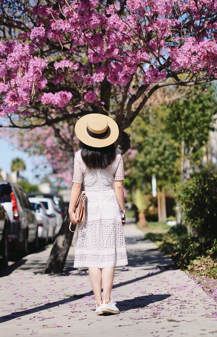 Spring Lace Dress, Sneakers Style, Boater Straw Hat, Chloe Faye Bag, via: HallieDaily