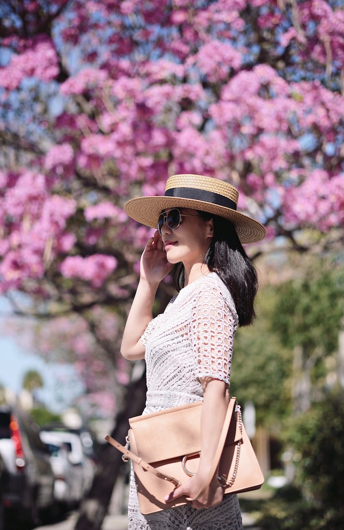 Spring Lace Dress, Sneakers Style, Boater Straw Hat, Chloe Faye Bag, via: HallieDaily