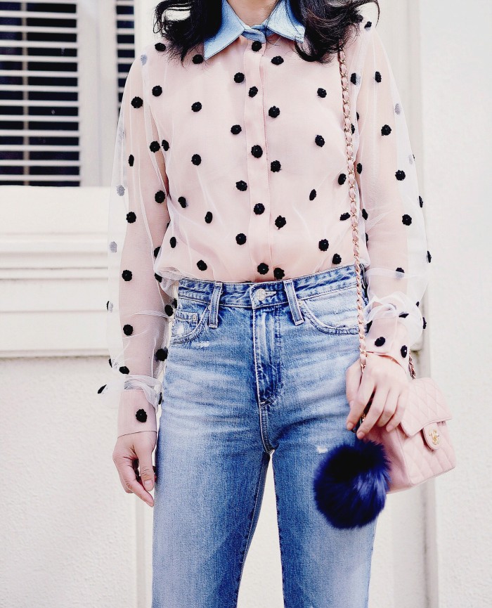 Natasha Zinko Dot Embroidery Shirt, AG High Waist Jeans, Mini Chanel Bag, Pom Pom Fur, Linda Farrow Pink Sunglasses, via: HallieDaily