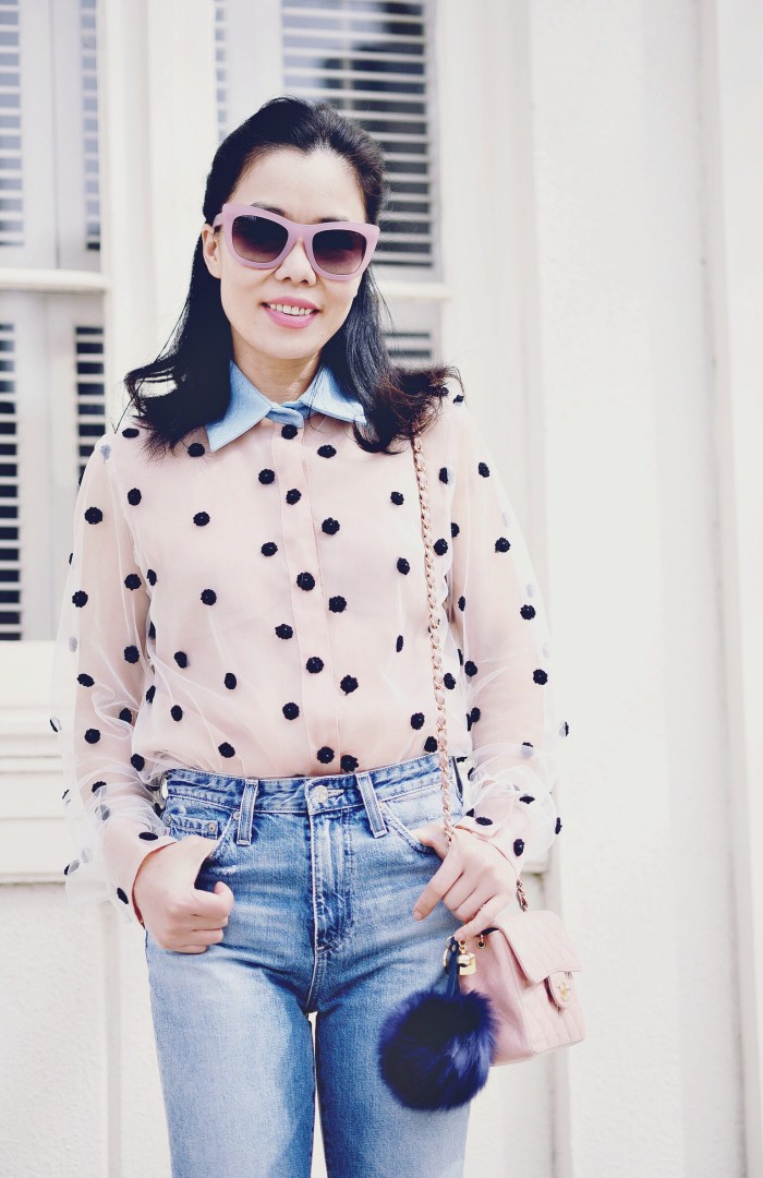 Natasha Zinko Dot Embroidery Shirt, AG High Waist Jeans, Mini Chanel Bag, Pom Pom Fur, Linda Farrow Pink Sunglasses, via: HallieDaily