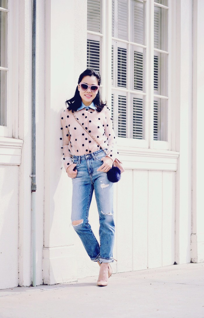 Natasha Zinko Dot Embroidery Shirt, AG High Waist Jeans, Mini Chanel Bag, Pom Pom Fur, Linda Farrow Pink Sunglasses, via: HallieDaily