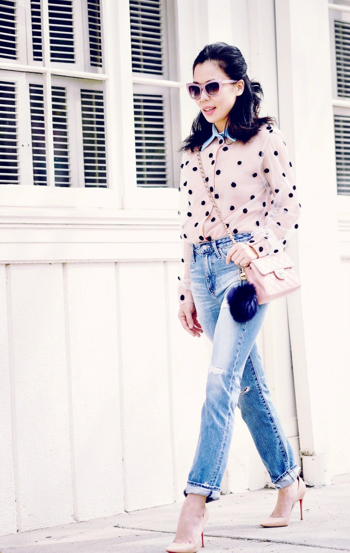 Natasha Zinko Dot Embroidery Shirt, AG High Waist Jeans, Mini Chanel Bag, Pom Pom Fur, Linda Farrow Pink Sunglasses, via: HallieDaily