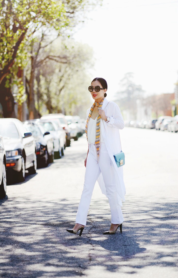 Summer Layers, White Maxi Shirt, White Straight Leg Jeans, Chanel Two-tone Pumps, Furla Mini Bag, Prada Oversized Sunglasses, via: HallieDaily