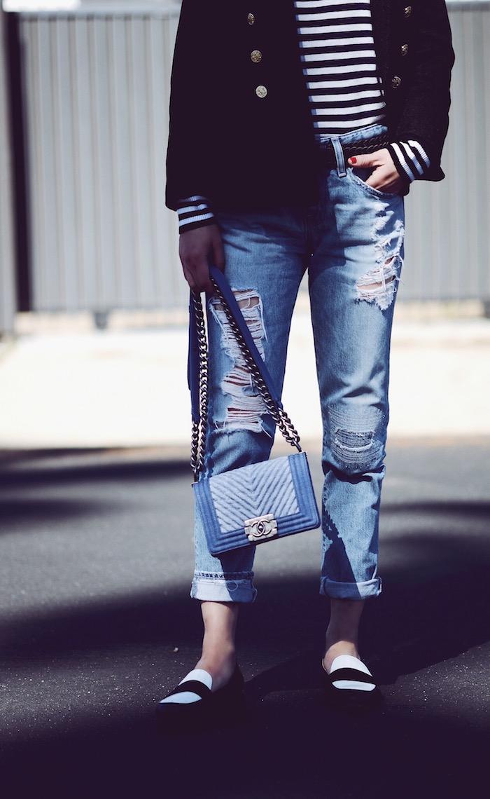 Smythe Blazer, AG Ripped Jeans, Two-tone Loafers, Chanel Denim Bag, via: HallieDaily