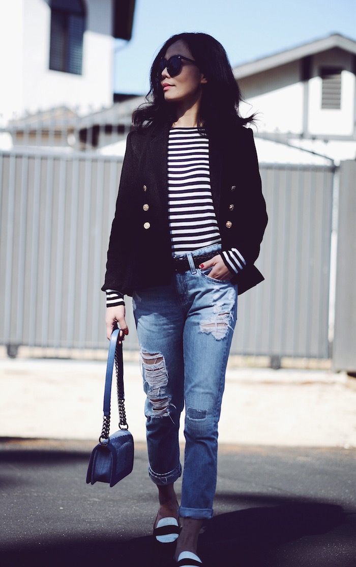 Smythe Blazer, AG Ripped Jeans, Two-tone Loafers, Chanel Denim Bag, via: HallieDaily