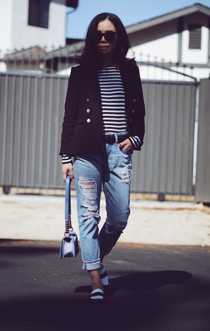 Smythe Blazer, AG Ripped Jeans, Two-tone Loafers, Chanel Denim Bag, via: HallieDaily