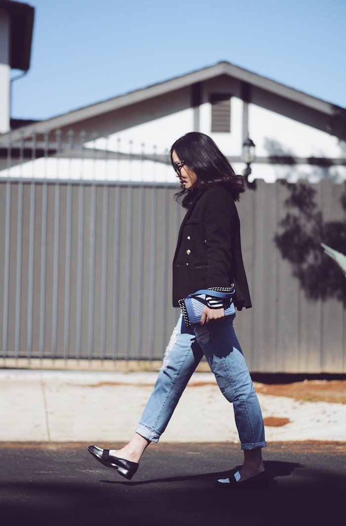 Smythe Blazer, AG Ripped Jeans, Two-tone Loafers, Chanel Denim Bag, via: HallieDaily