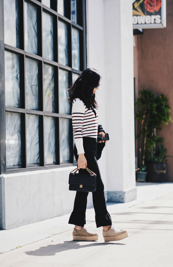 Funday Friday, Elizabeth and James Ruffled Flared Pants, Stripes Top, Miu Miu Platform Sneakers, Chanel Bag, via: HallieDaily