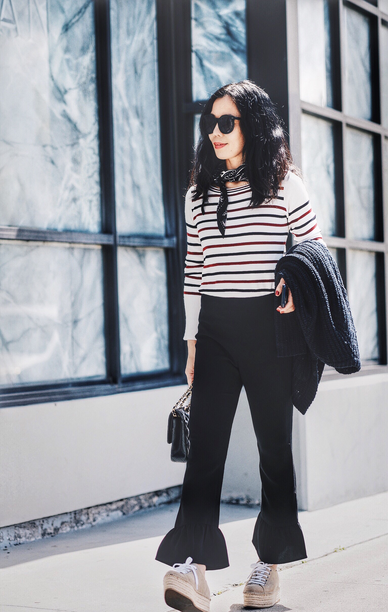 Funday Friday, Elizabeth and James Ruffled Flared Pants, Stripes Top, Miu Miu Platform Sneakers, Chanel Bag, via: HallieDaily