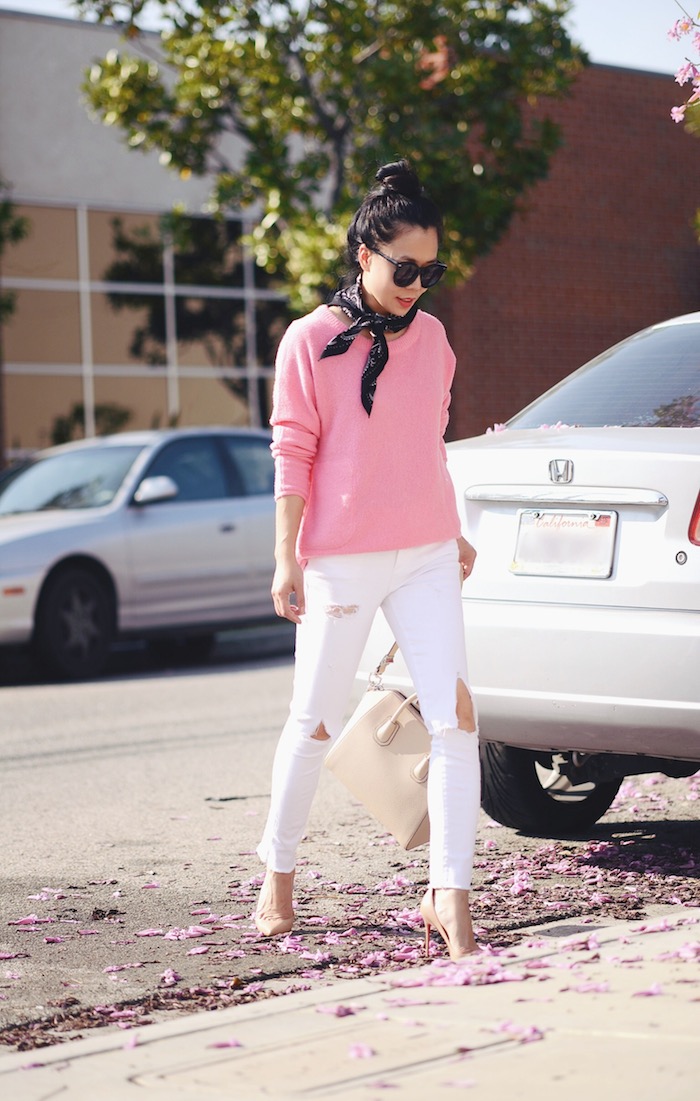 Spring Sweater, Pink Sweater, Ripped White Jeans, Givenchy Bag, High Bun Hair Style, via: HallieDaily