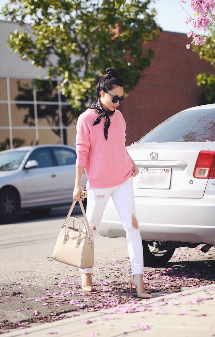 Spring Sweater, Pink Sweater, Ripped White Jeans, Givenchy Bag, High Bun Hair Style, via: HallieDaily