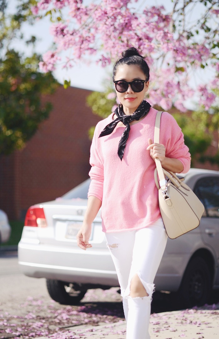 Spring Sweater, Pink Sweater, Ripped White Jeans, Givenchy Bag, High Bun Hair Style, via: HallieDaily