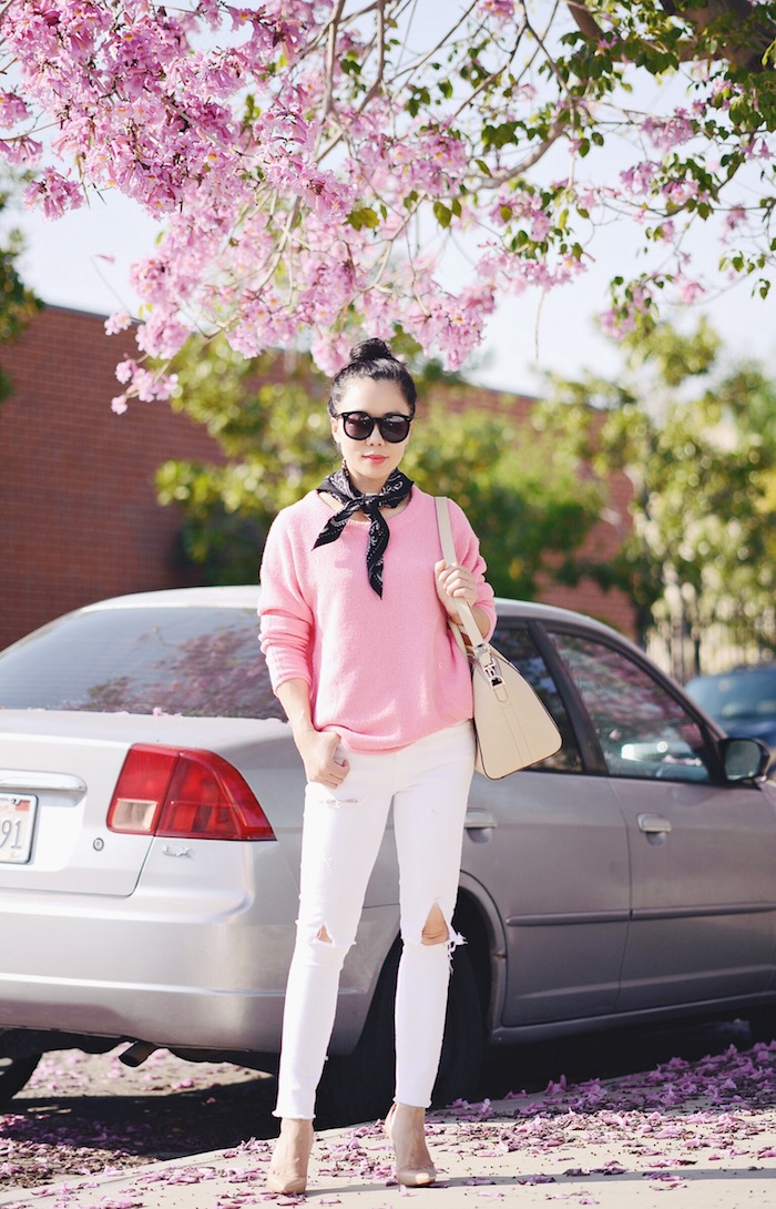 Spring Sweater, Pink Sweater, Ripped White Jeans, Givenchy Bag, High Bun Hair Style, via: HallieDaily