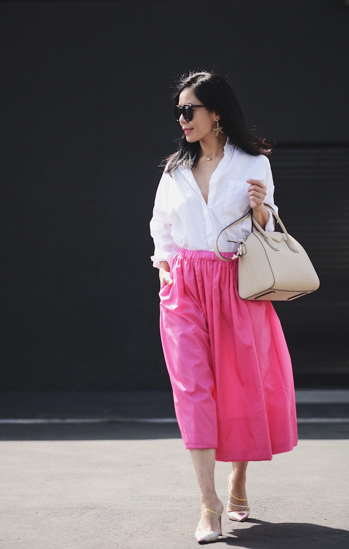 In Pink, Pink Midi Skirt, Oversized White Button-down Shirt, Dior Shoes, Givenchy “Antigona” Bag, Oscar de la Renta Earrings, via: HallieDaily