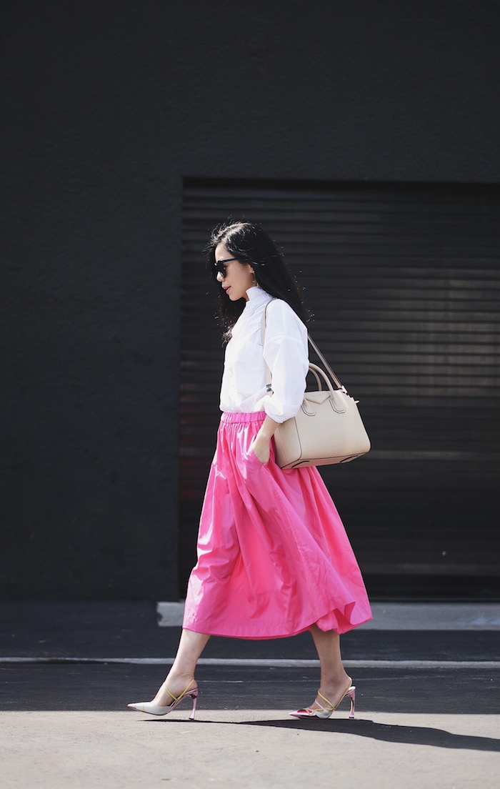 In Pink, Pink Midi Skirt, Oversized White Button-down Shirt, Dior Shoes, Givenchy “Antigona” Bag, Oscar de la Renta Earrings, via: HallieDaily