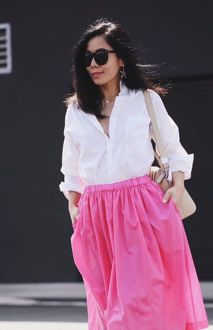 In Pink, Pink Midi Skirt, Oversized White Button-down Shirt, Dior Shoes, Givenchy “Antigona” Bag, Oscar de la Renta Earrings, via: HallieDaily