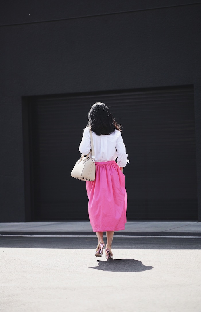 In Pink, Pink Midi Skirt, Oversized White Button-down Shirt, Dior Shoes, Givenchy “Antigona” Bag, Oscar de la Renta Earrings, via: HallieDaily