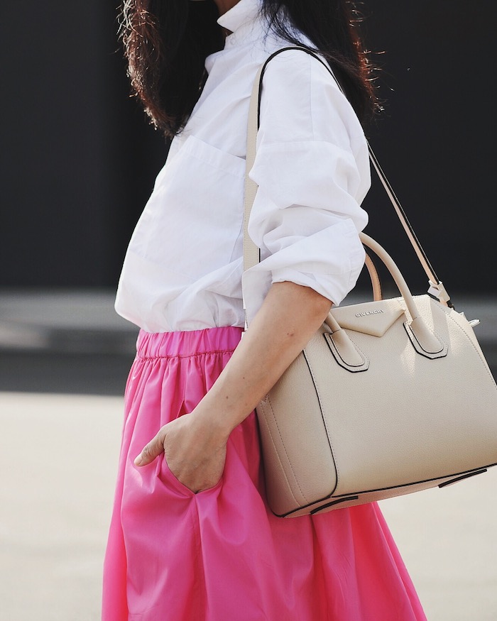 In Pink, Pink Midi Skirt, Oversized White Button-down Shirt, Dior Shoes, Givenchy “Antigona” Bag, Oscar de la Renta Earrings, via: HallieDaily