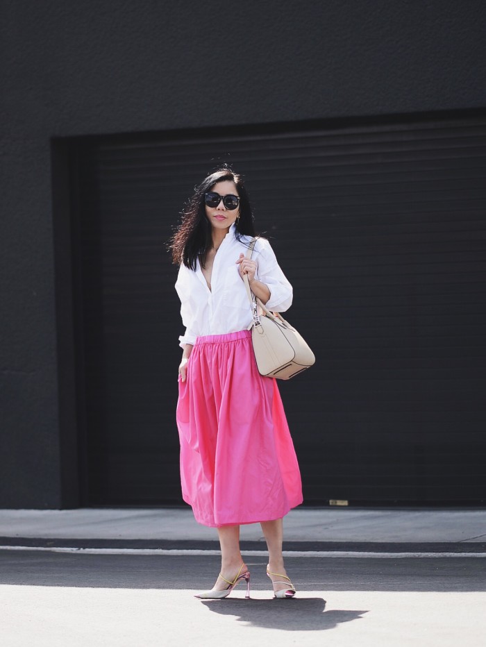 In Pink, Pink Midi Skirt, Oversized White Button-down Shirt, Dior Shoes, Givenchy “Antigona” Bag, Oscar de la Renta Earrings, via: HallieDaily