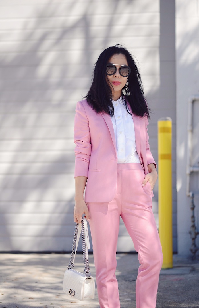 Borrowed From the Boys Style, Spring Style, Pink Suit, Floral Earrings, Chanel Mini White Boy Bag, Via: HallieDaily