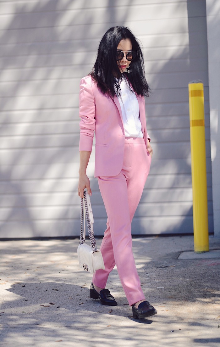 Borrowed From the Boys Style, Spring Style, Pink Suit, Floral Earrings, Chanel Mini White Boy Bag, Via: HallieDaily