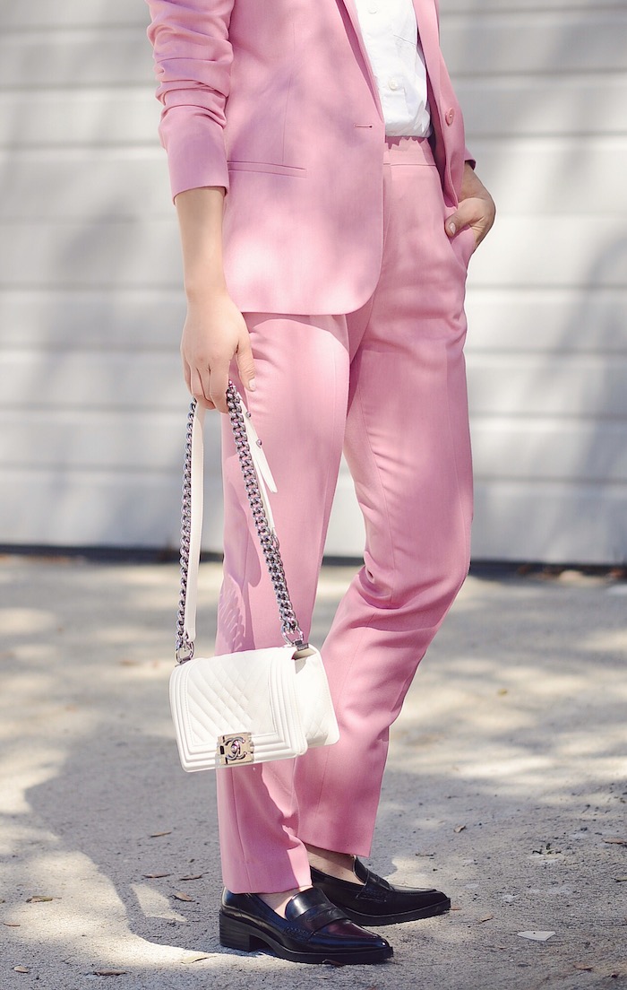 Borrowed From the Boys Style, Spring Style, Pink Suit, Floral Earrings, Chanel Mini White Boy Bag, Via: HallieDaily