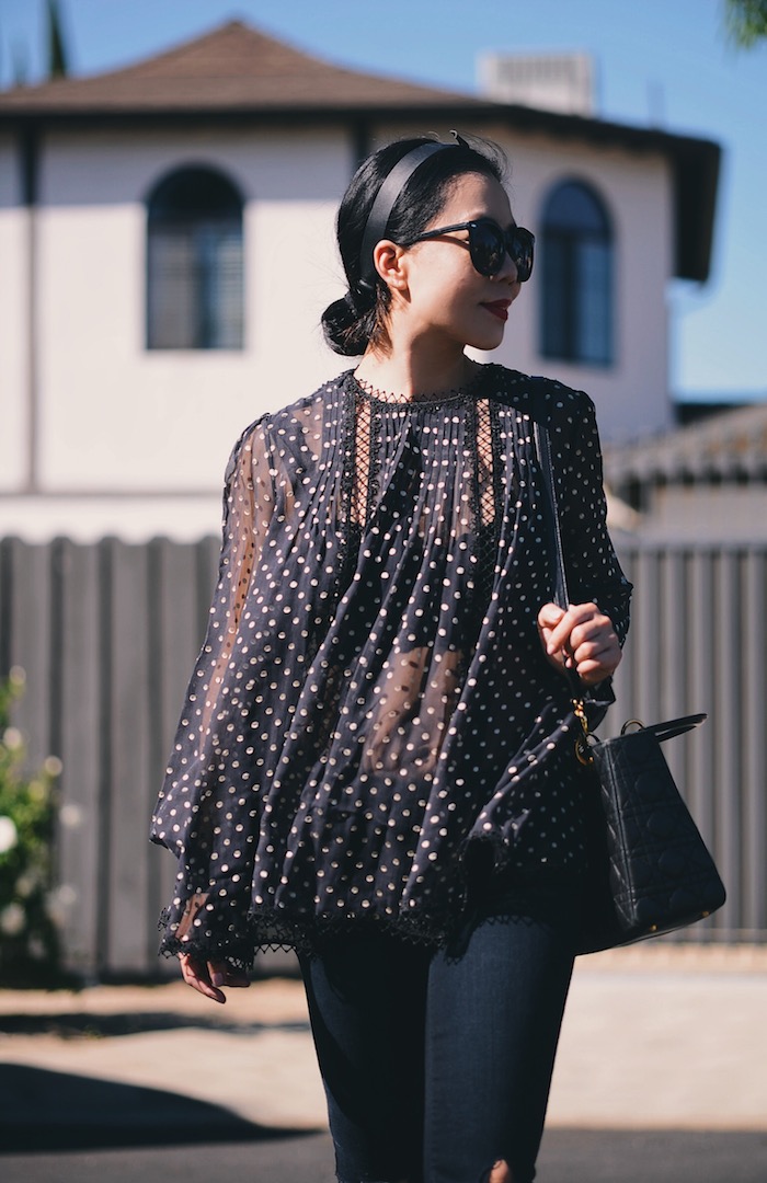 Lady Like: Zimmermann Polka Dot Silk Blouse, J.Brand Ripped Jeans, Lady Dior Bag, Red Mid-heel Shoes, via: HallieDaily