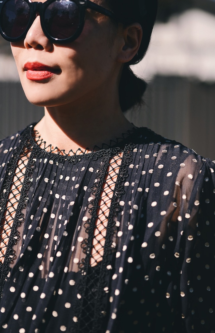 Lady Like: Zimmermann Polka Dot Silk Blouse, J.Brand Ripped Jeans, Lady Dior Bag, Red Mid-heel Shoes, via: HallieDaily