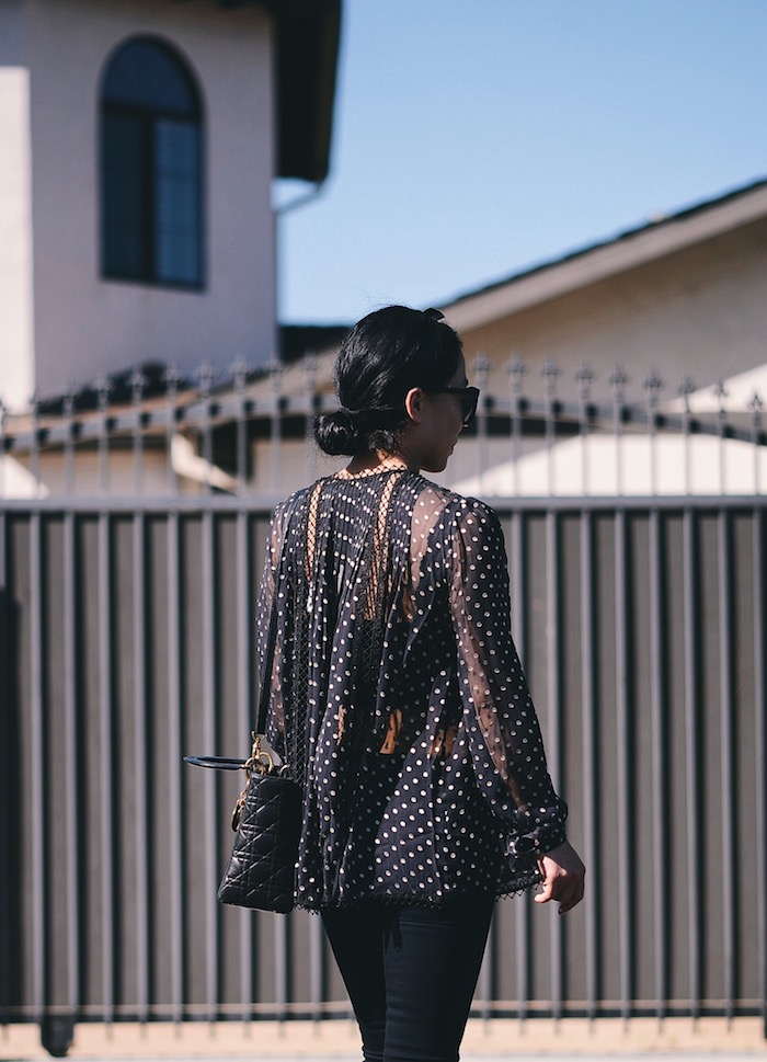 Lady Like: Zimmermann Polka Dot Silk Blouse, J.Brand Ripped Jeans, Lady Dior Bag, Red Mid-heel Shoes, via: HallieDaily