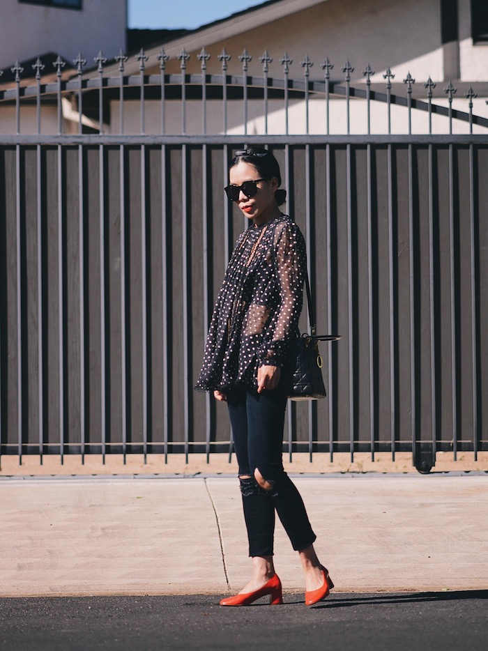 Lady Like: Zimmermann Polka Dot Silk Blouse, J.Brand Ripped Jeans, Lady Dior Bag, Red Mid-heel Shoes, via: HallieDaily