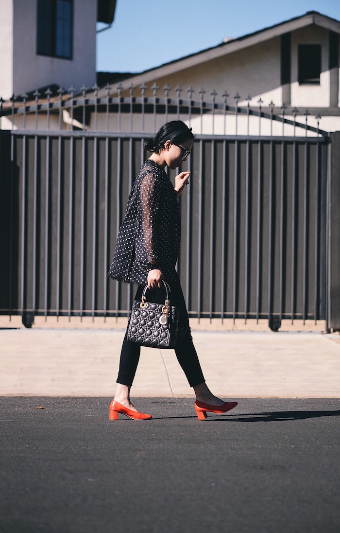 Lady Like: Zimmermann Polka Dot Silk Blouse, J.Brand Ripped Jeans, Lady Dior Bag, Red Mid-heel Shoes, via: HallieDaily