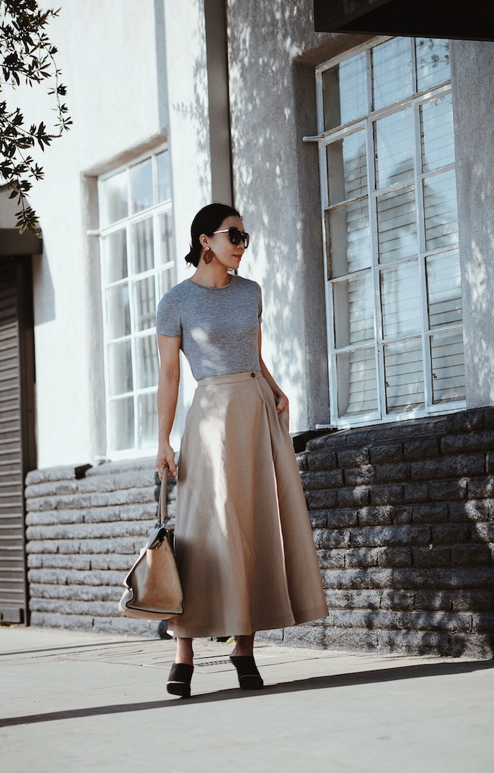 Day Time Glam, Victoria Beckham Tee, Tome Skirt, Alexandre Wang Mules, Celine Bag, Prada Sunglasses, via: HallieDaily