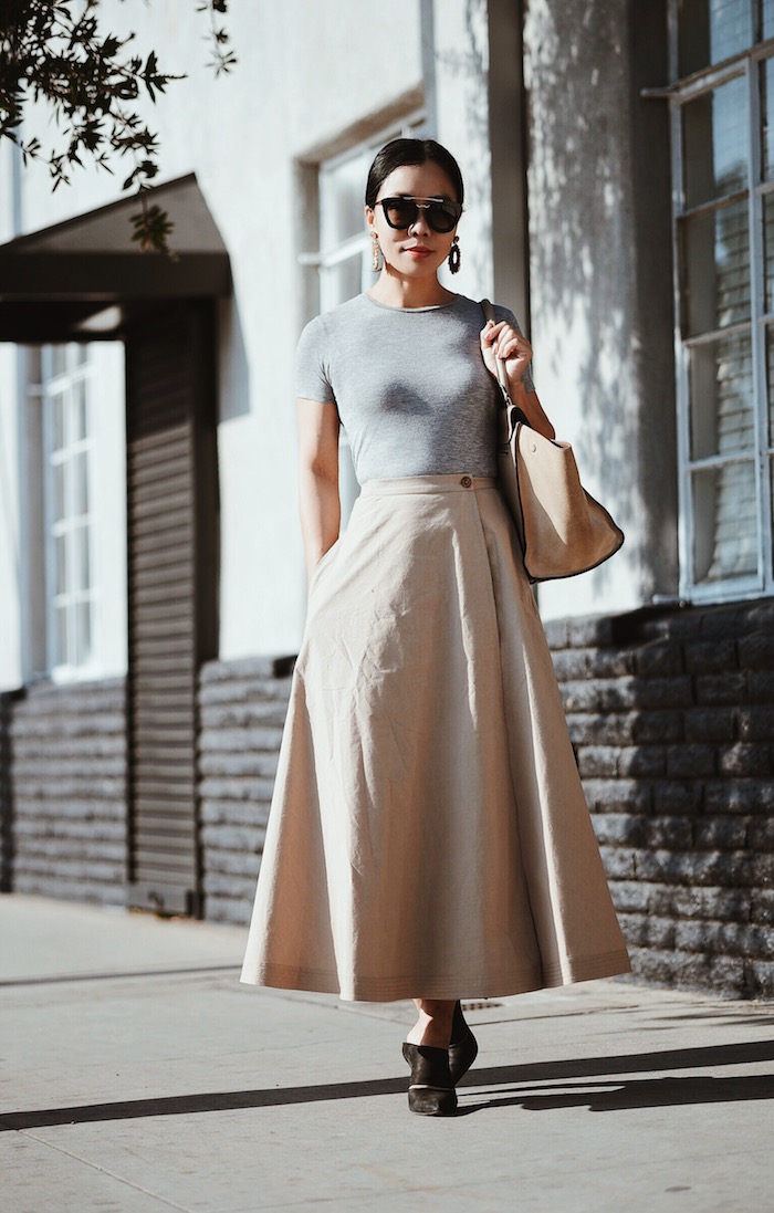 Day Time Glam, Victoria Beckham Tee, Tome Skirt, Alexandre Wang Mules, Celine Bag, Prada Sunglasses, via: HallieDaily