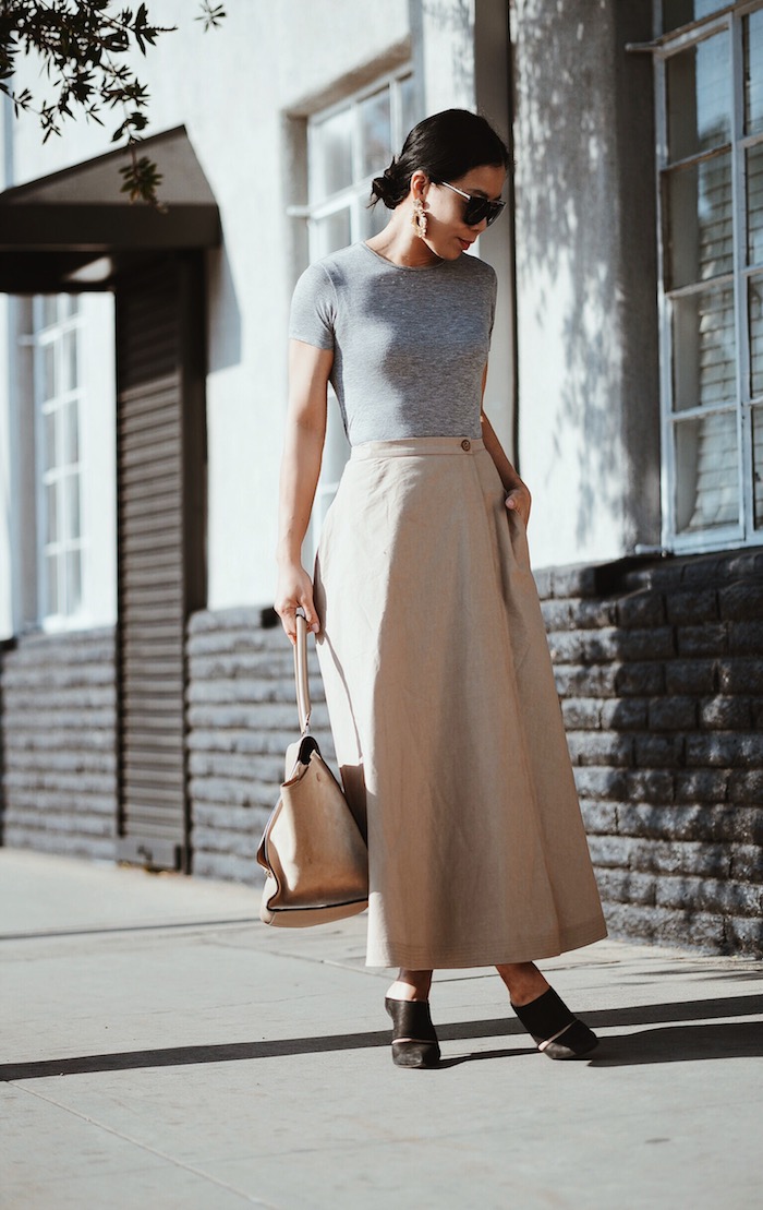 Day Time Glam, Victoria Beckham Tee, Tome Skirt, Alexandre Wang Mules, Celine Bag, Prada Sunglasses, via: HallieDaily