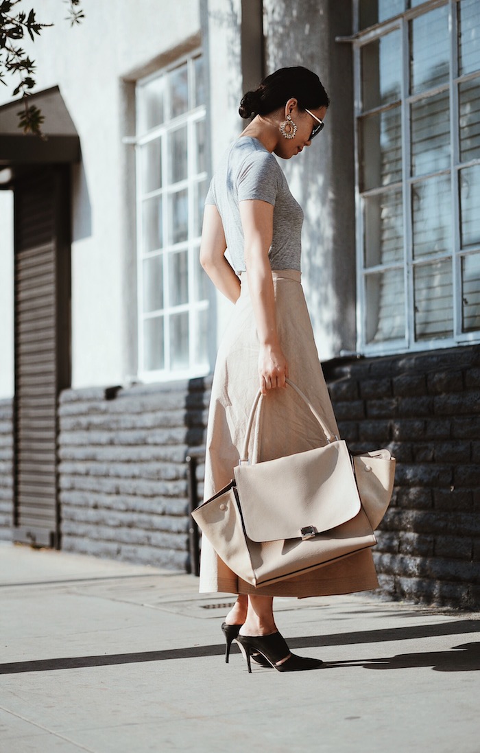 Day Time Glam, Victoria Beckham Tee, Tome Skirt, Alexandre Wang Mules, Celine Bag, Prada Sunglasses, via: HallieDaily