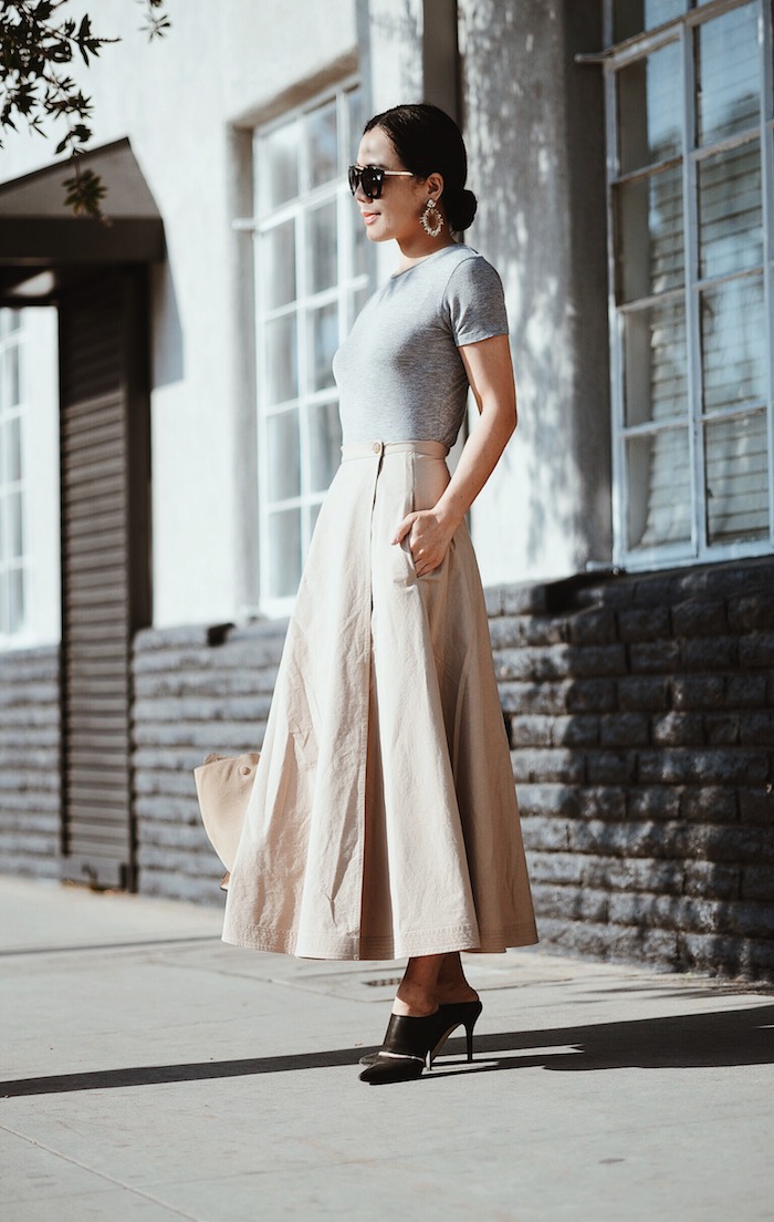 Day Time Glam, Victoria Beckham Tee, Tome Skirt, Alexandre Wang Mules, Celine Bag, Prada Sunglasses, via: HallieDaily