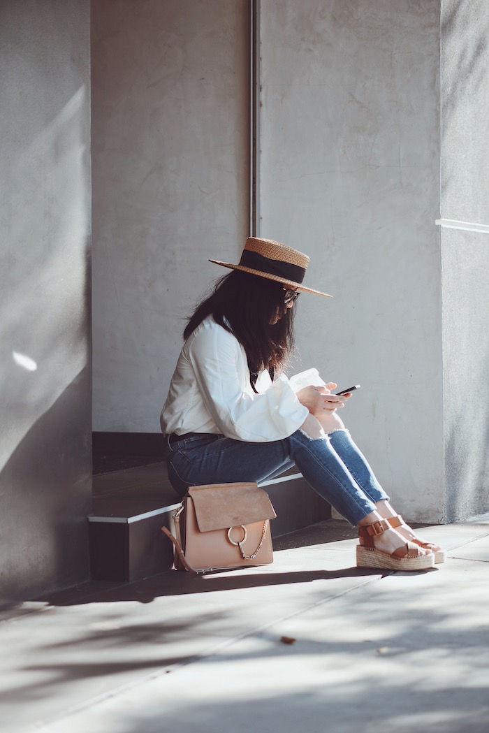 Casual LA Day, Balloon Sleeve Top, Levi's Distressed Jeans, Wedges Sandals, Chloe Faye Bag, Boater Straw Hat, via: HallieDaily