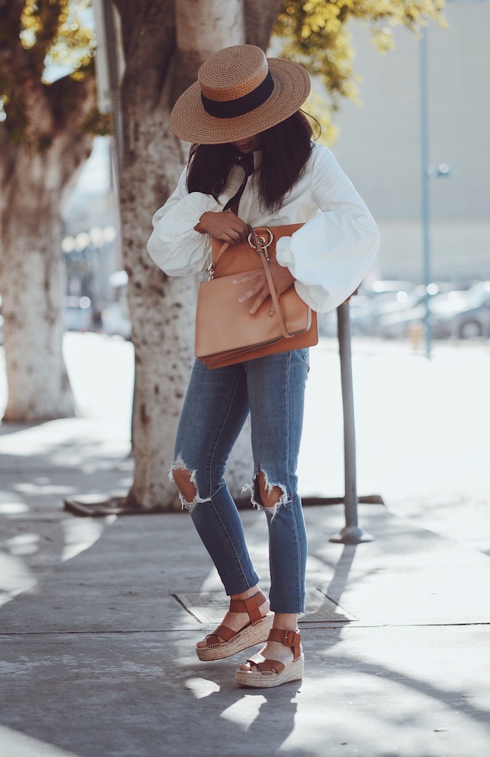 Casual LA Day, Balloon Sleeve Top, Levi's Distressed Jeans, Wedges Sandals, Chloe Faye Bag, Boater Straw Hat, via: HallieDaily