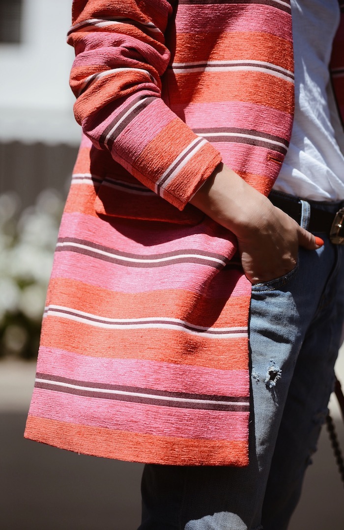 Rainbow Striped Jacket, Distressed Jeans, Aquazzura Wild Thing Sandals, White Tee, Chanel Red Le Boy Bag, Asian Hair Straight Hair, Spring Style, Via: HallieDaily