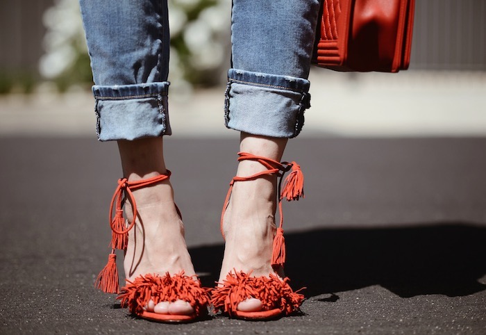 Rainbow Striped Jacket, Distressed Jeans, Aquazzura Wild Thing Sandals, White Tee, Chanel Red Le Boy Bag, Asian Hair Straight Hair, Spring Style, Via: HallieDaily