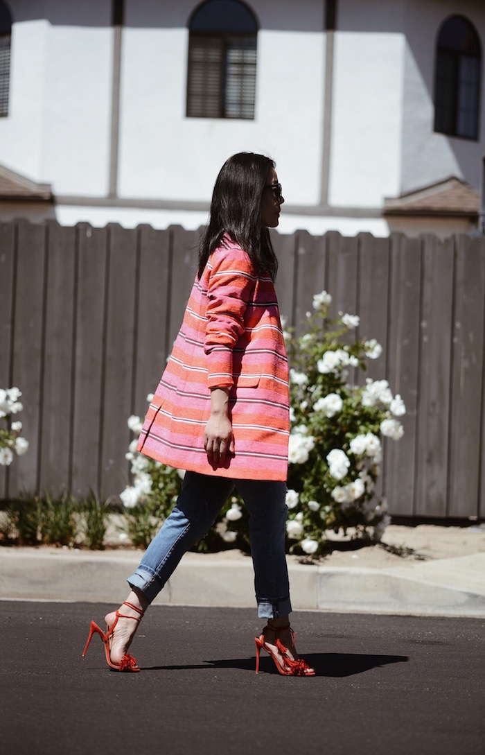 Rainbow Striped Jacket, Distressed Jeans, Aquazzura Wild Thing Sandals, White Tee, Chanel Red Le Boy Bag, Asian Hair Straight Hair, Spring Style, Via: HallieDaily