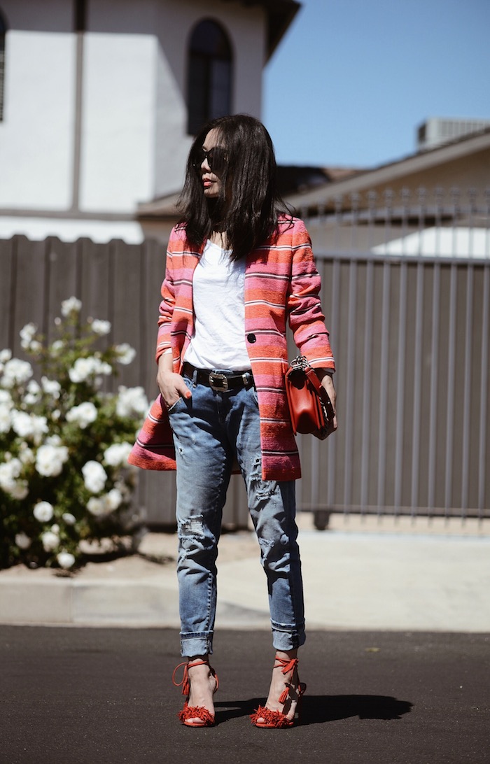 Rainbow Striped Jacket, Distressed Jeans, Aquazzura Wild Thing Sandals, White Tee, Chanel Red Le Boy Bag, Asian Hair Straight Hair, Spring Style, Via: HallieDaily