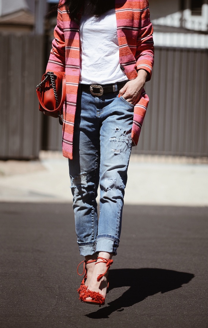 Rainbow Striped Jacket, Distressed Jeans, Aquazzura Wild Thing Sandals, White Tee, Chanel Red Le Boy Bag, Asian Hair Straight Hair, Spring Style, Via: HallieDaily