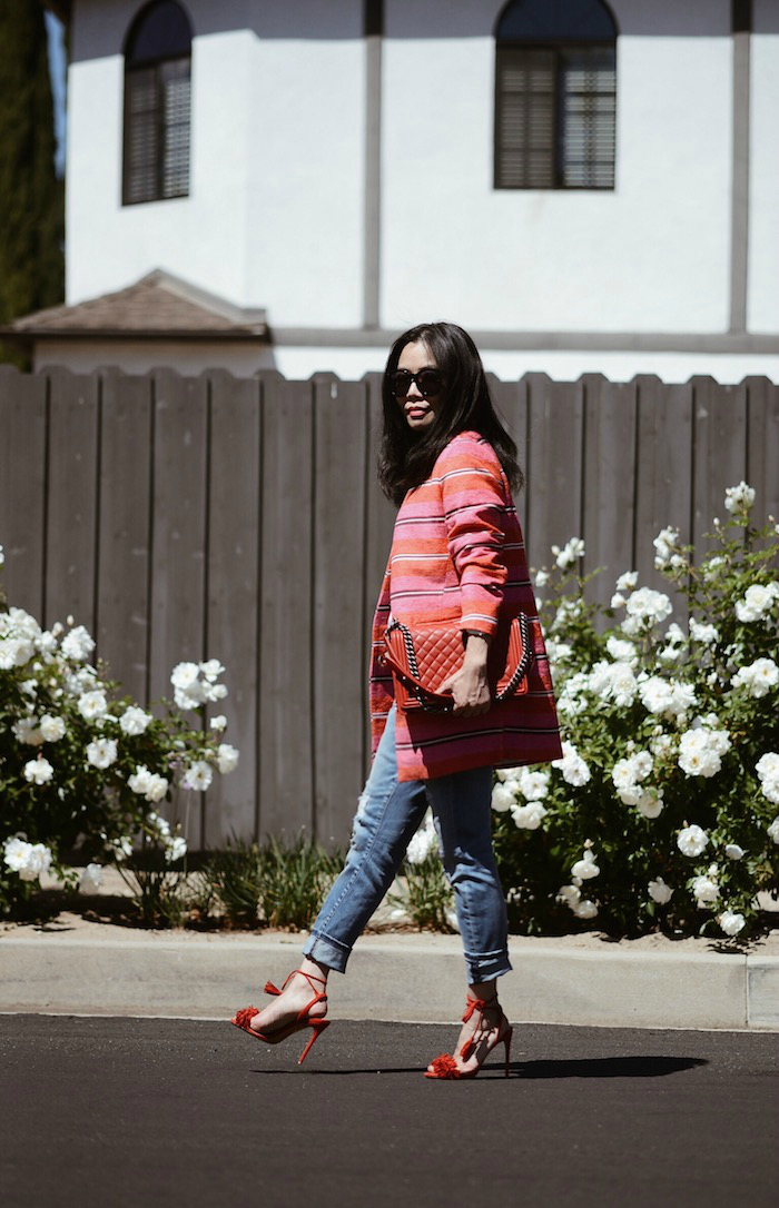 Rainbow Striped Jacket, Distressed Jeans, Aquazzura Wild Thing Sandals, White Tee, Chanel Red Le Boy Bag, Asian Hair Straight Hair, Spring Style, Via: HallieDaily